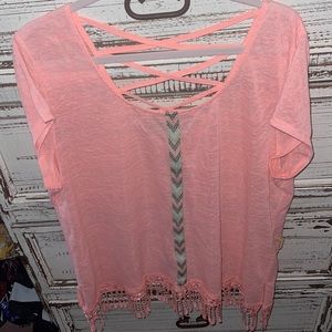 NWOT Maurice's bright orange pink blouse with fringe on bottom and cross back 3x